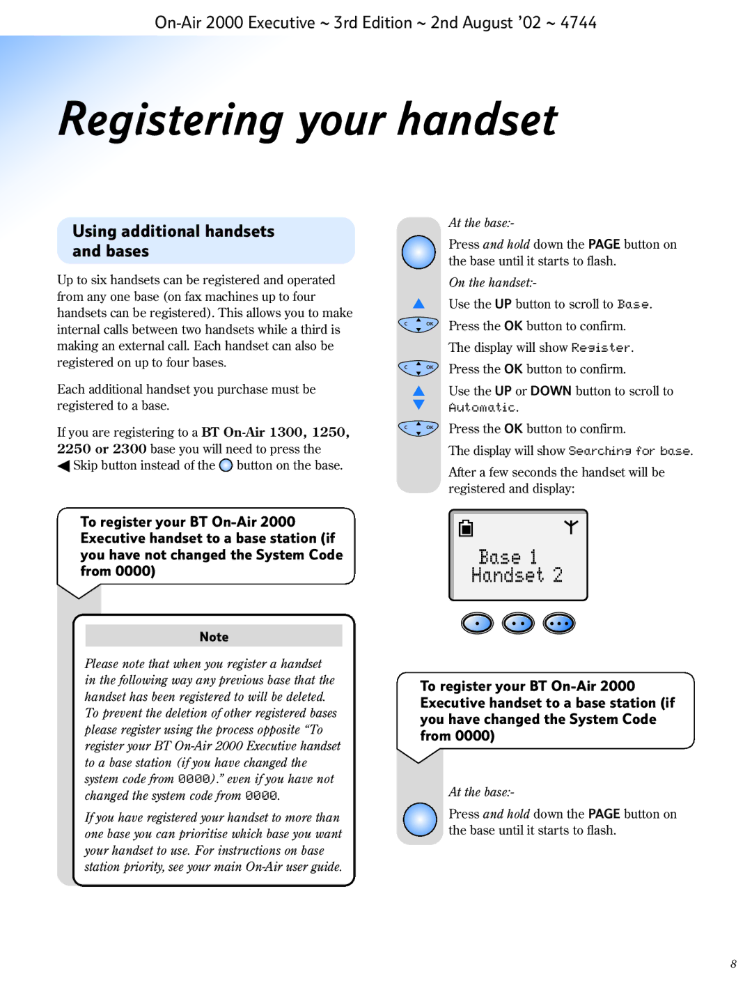 BT 2000 Executive manual Registering your handset, Using additional handsets and bases 