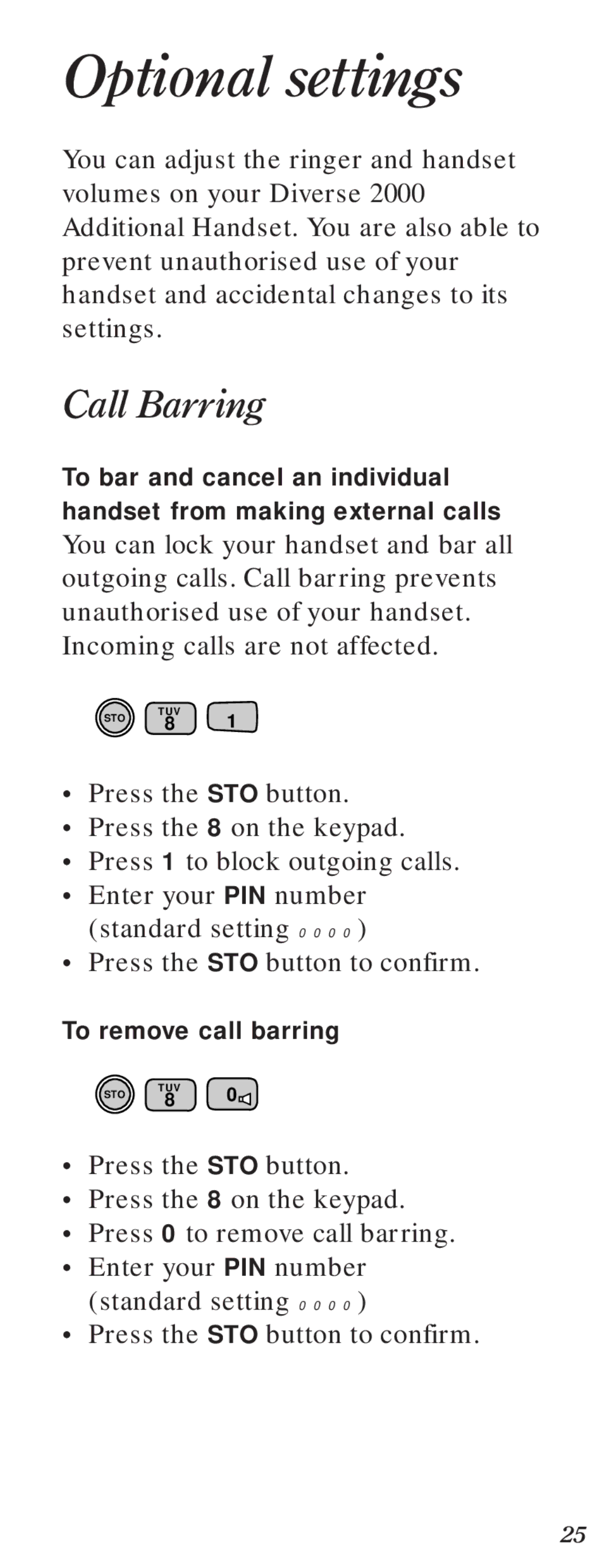 BT 2000 user manual Optional settings, Call Barring 