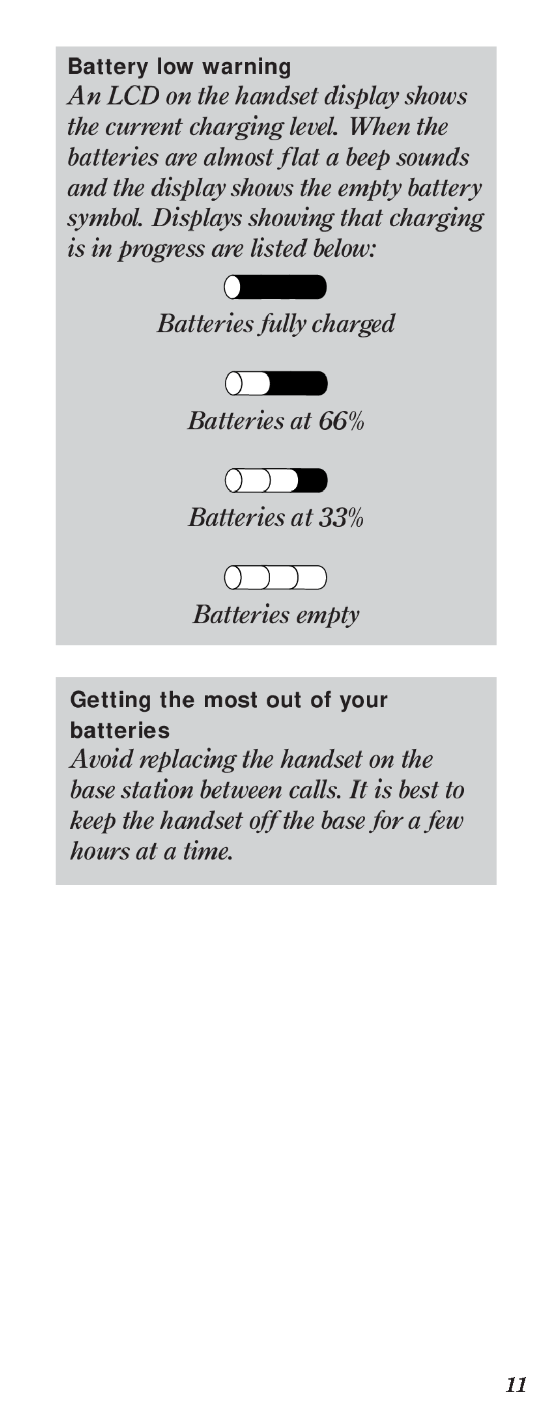 BT 2000 user manual Batteries fully charged Batteries at 66% Batteries at 33% 