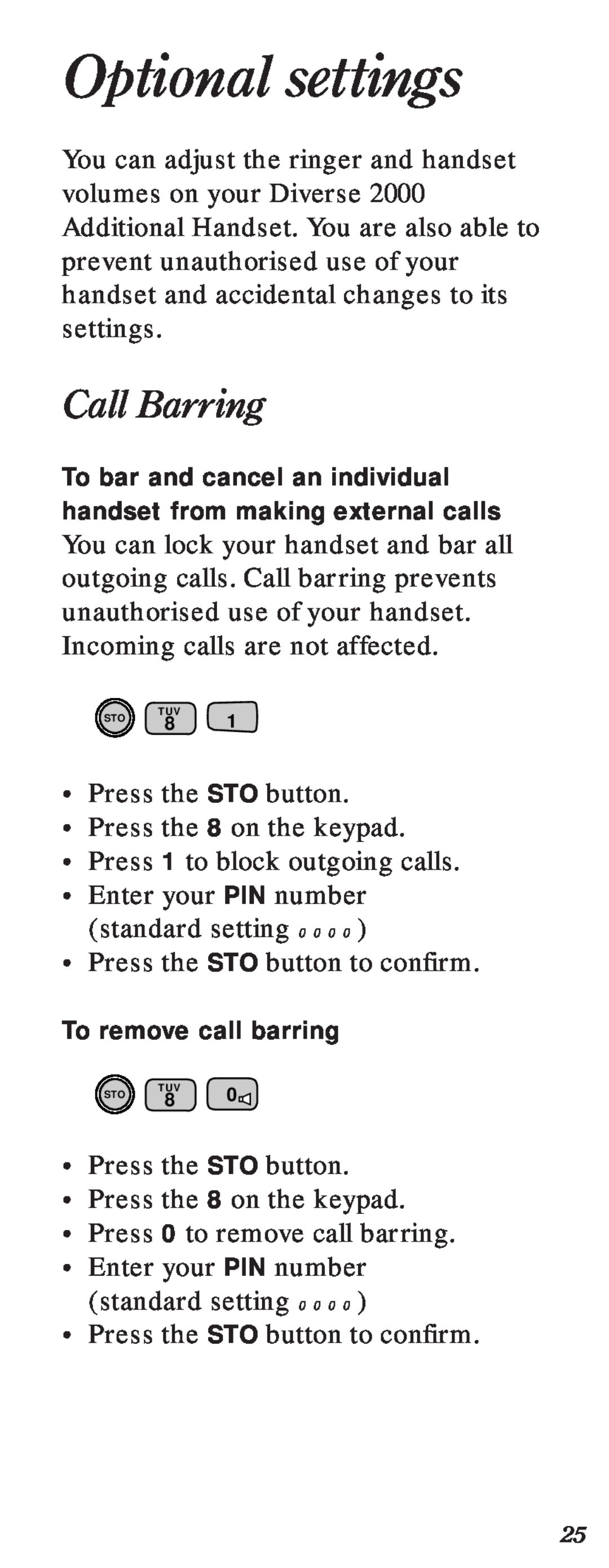 BT 2000 user manual Optional settings, Call Barring 