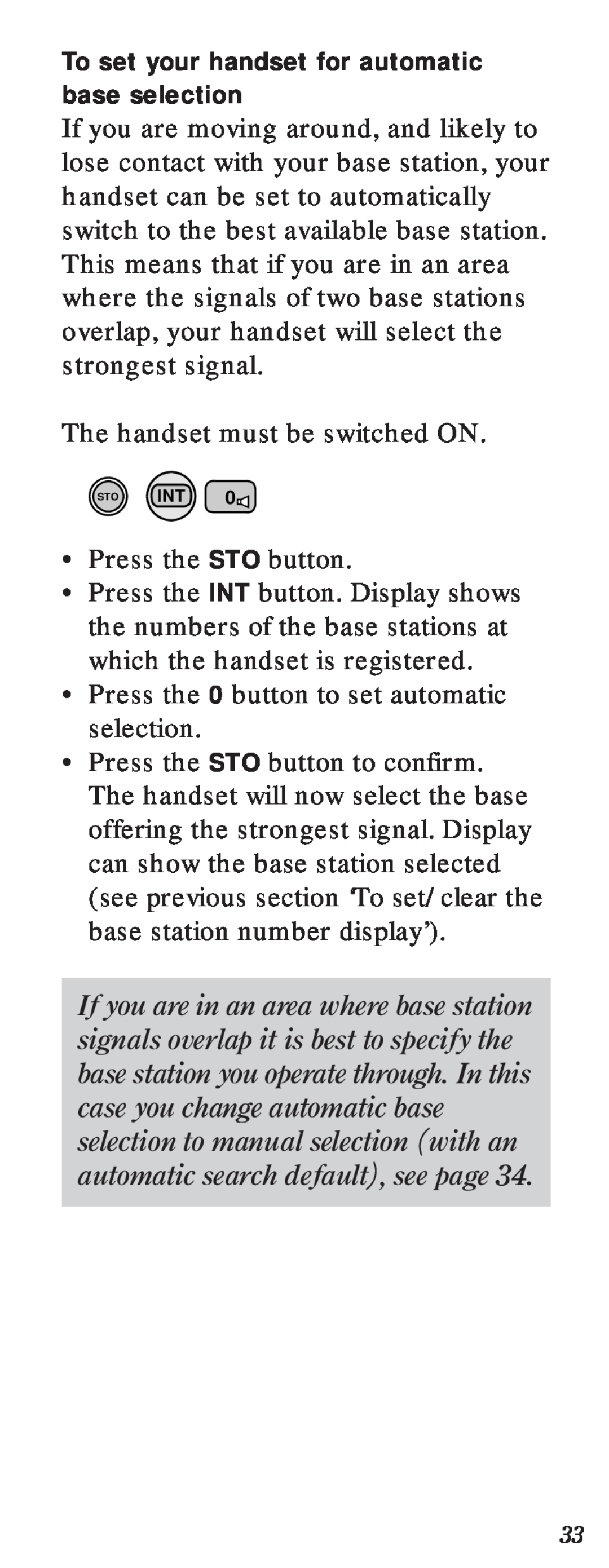 BT 2000 user manual To set your handset for automatic base selection, Sto Int 