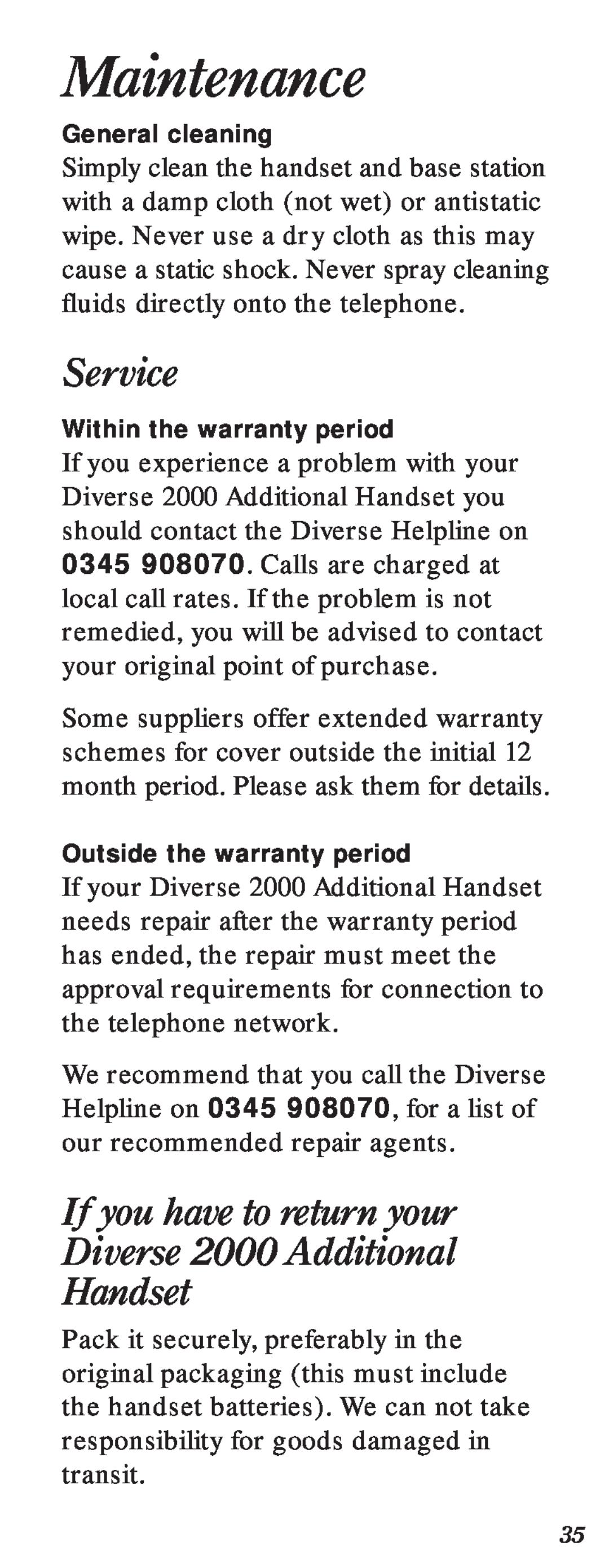 BT user manual Maintenance, Service, If you have to return your Diverse 2000 Additional Handset 