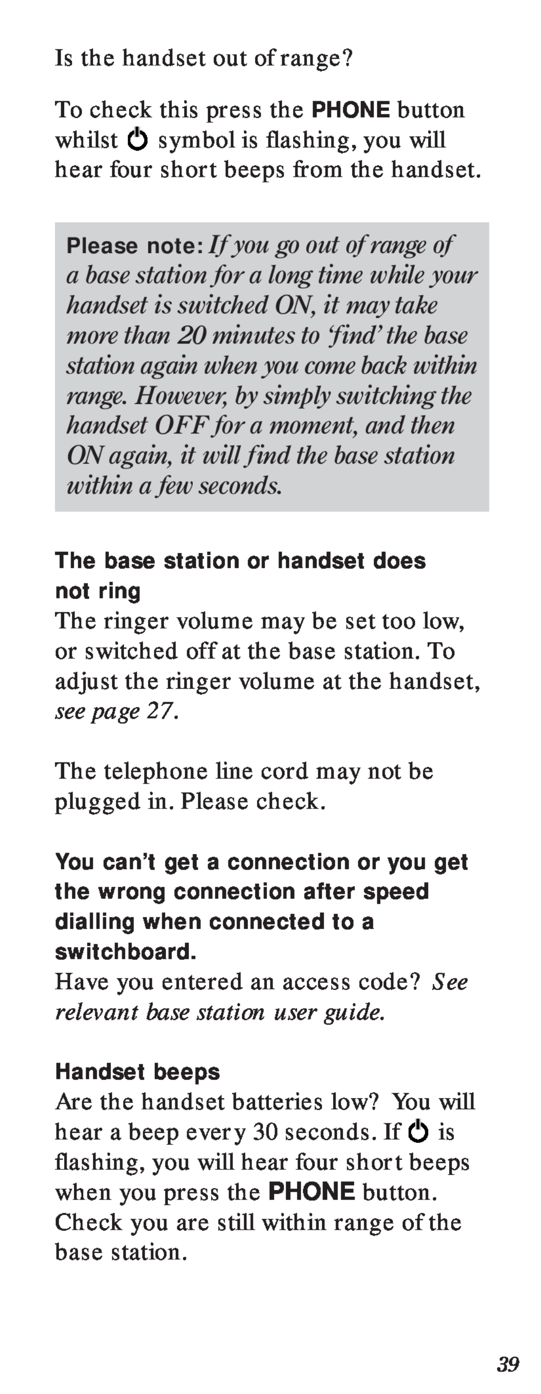 BT 2000 user manual Is the handset out of range? 