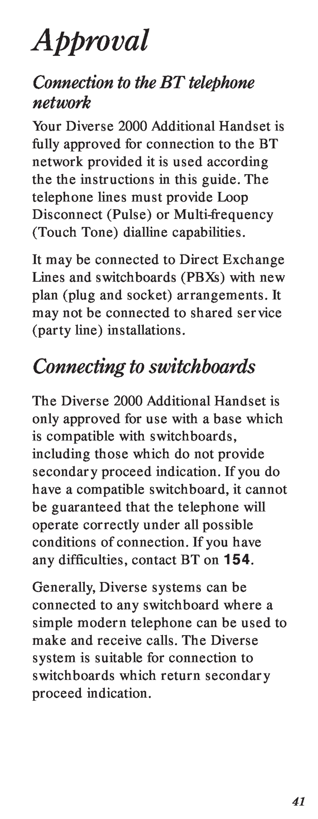 BT 2000 user manual Approval, Connecting to switchboards 