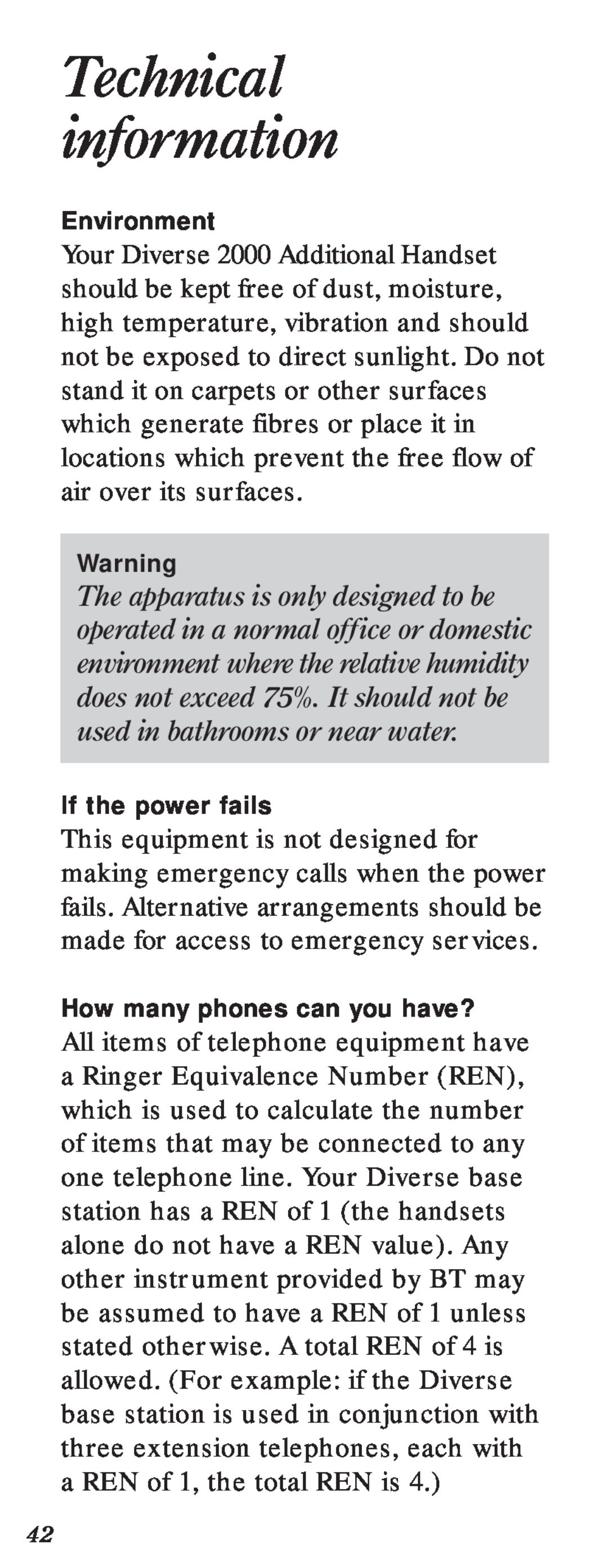 BT 2000 user manual Technical information, Environment, If the power fails, How many phones can you have? 