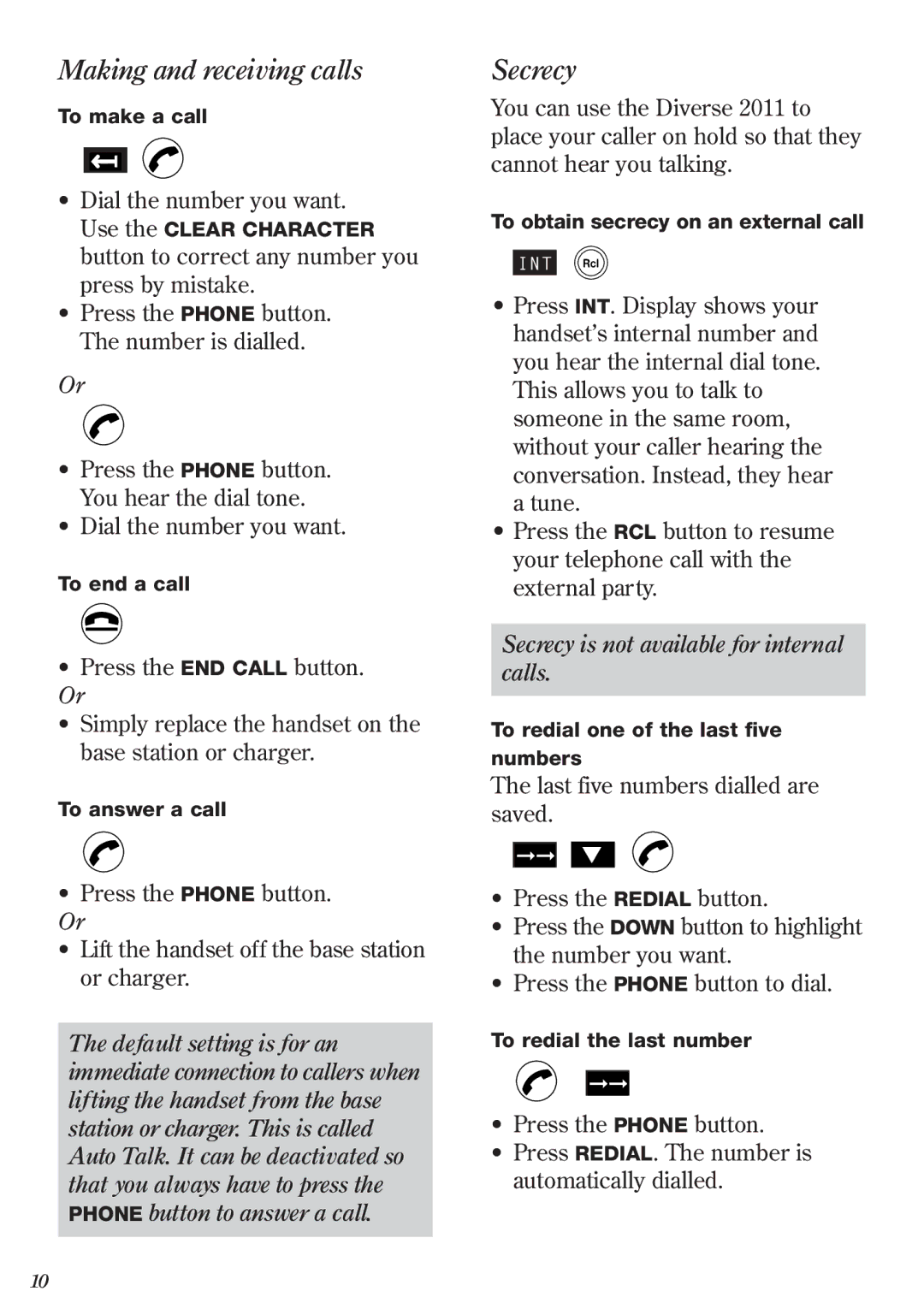 BT 2011 manual Making and receiving calls, Secrecy 