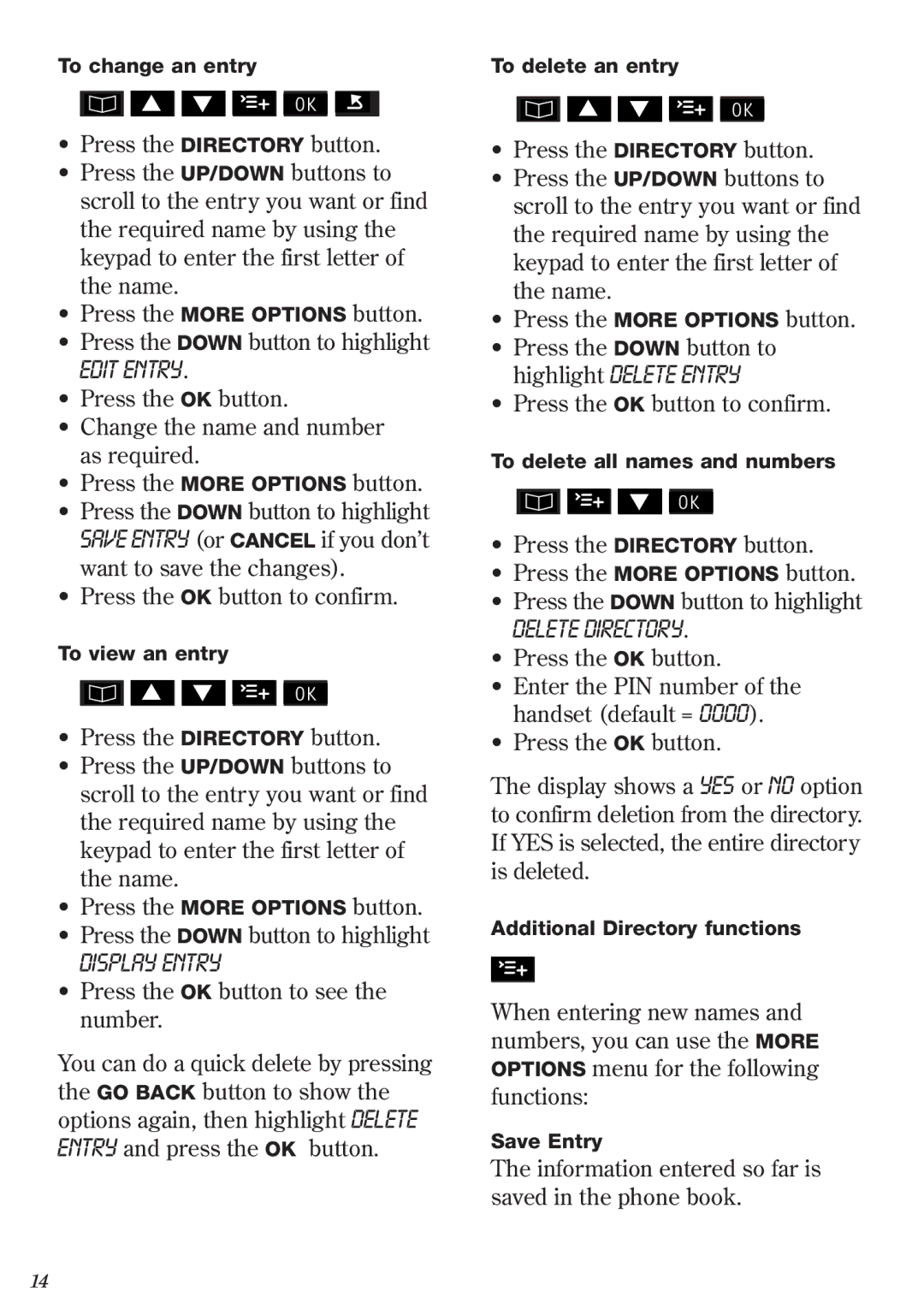 BT 2011 manual Edit Entry, Display Entry, Delete Directory 