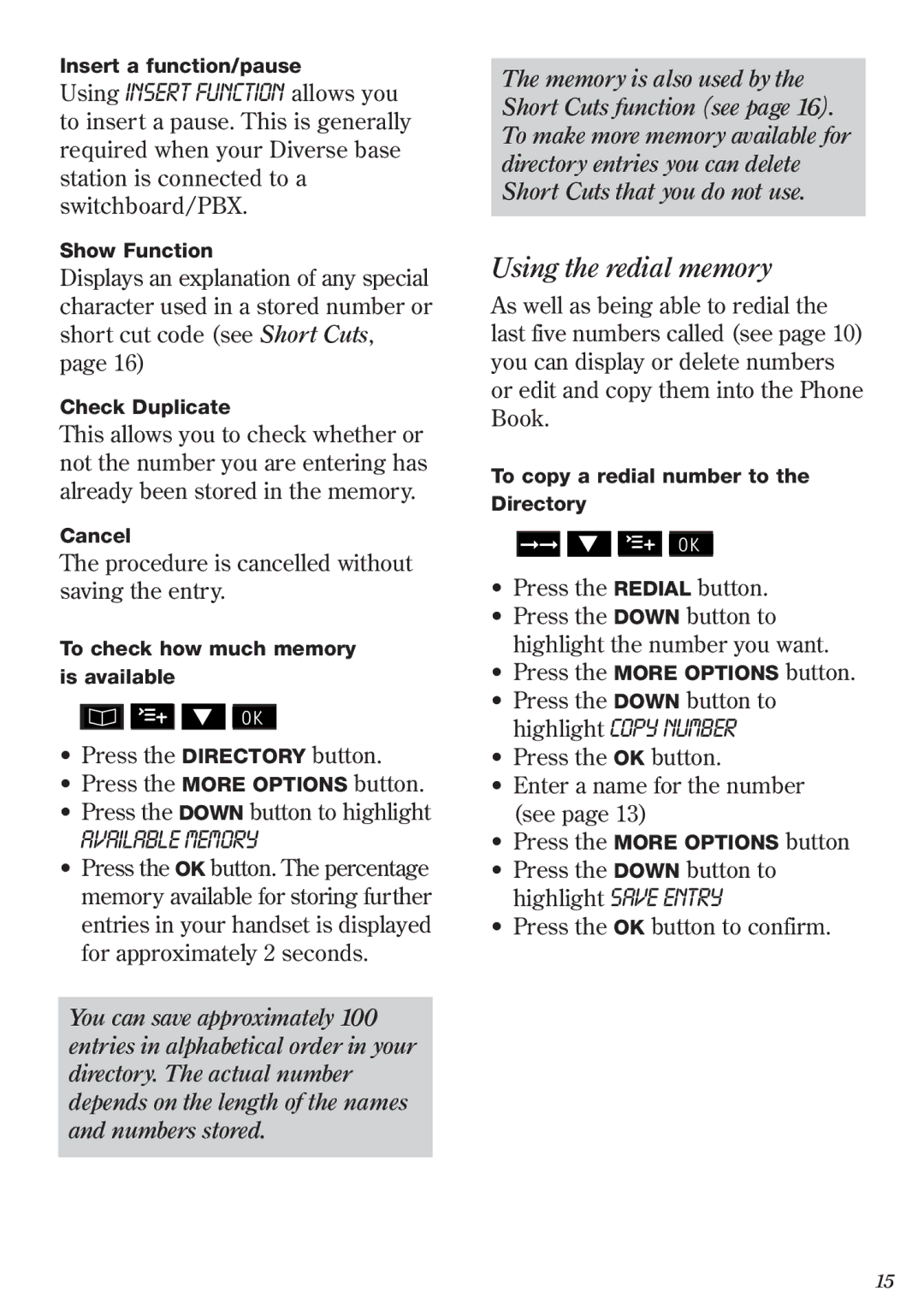 BT 2011 manual Using the redial memory, Available Memory 