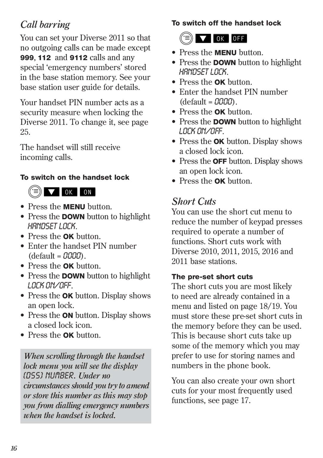 BT 2011 manual Call barring, Short Cuts, Handset Lock, Lock ON/OFF 