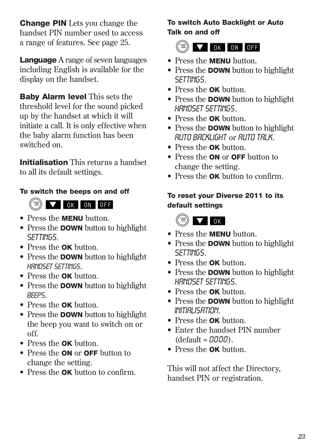 BT 2011 manual Handset Settings, Initialisation 