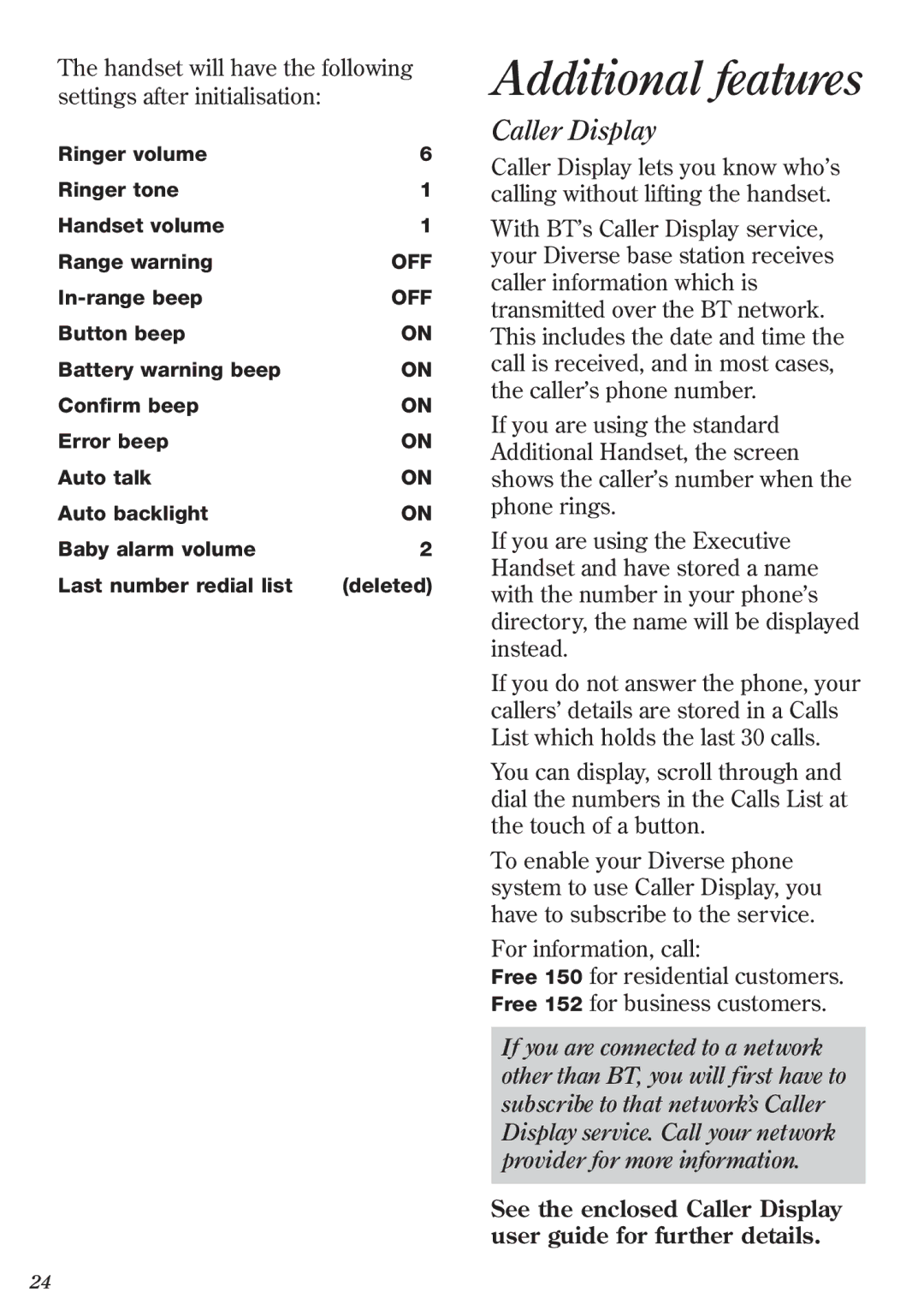 BT 2011 manual Additional features, Caller Display 