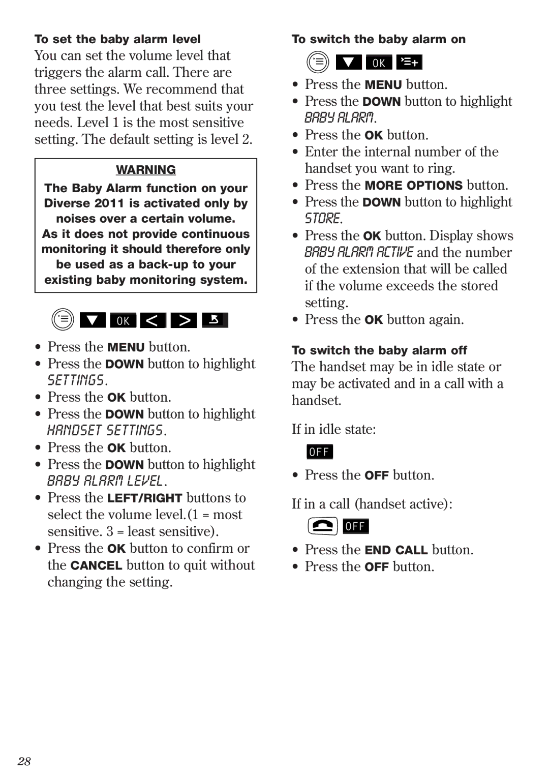 BT 2011 manual Baby Alarm Level, Store 