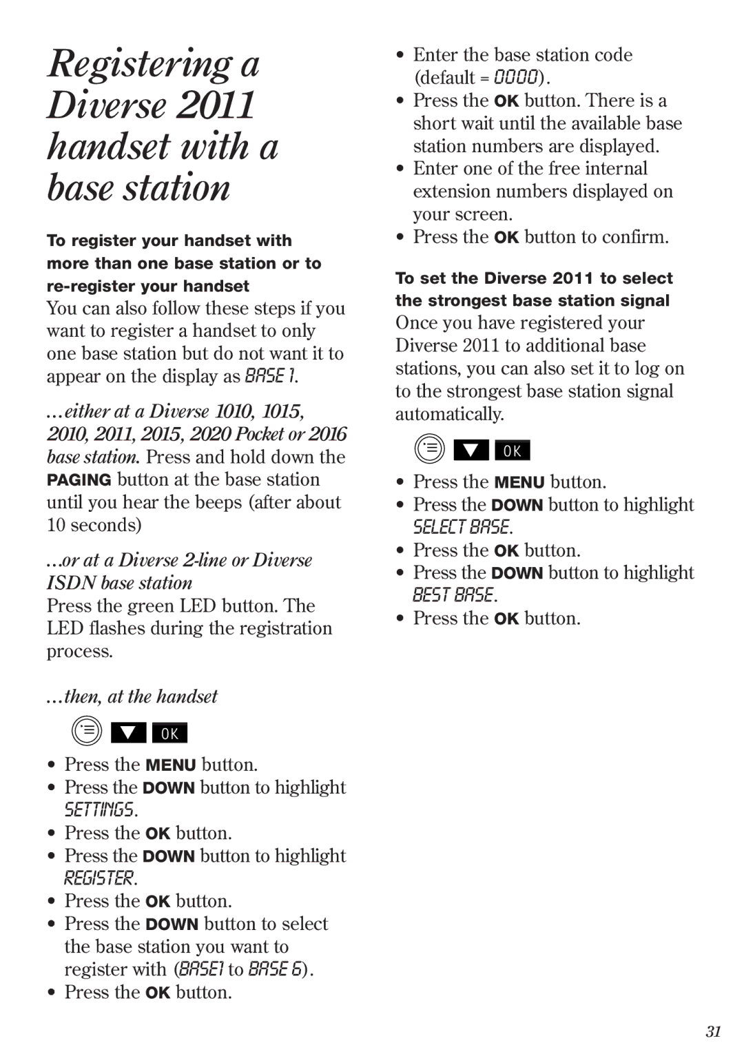 BT manual Registering a Diverse 2011 handset with a base station, Select Base, Best Base 