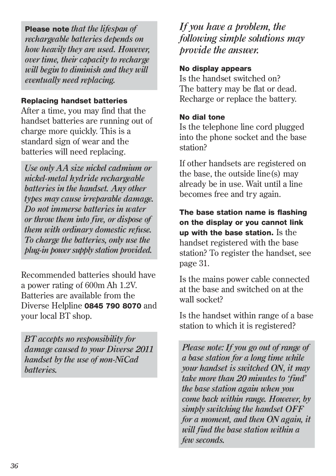 BT 2011 manual Replacing handset batteries 