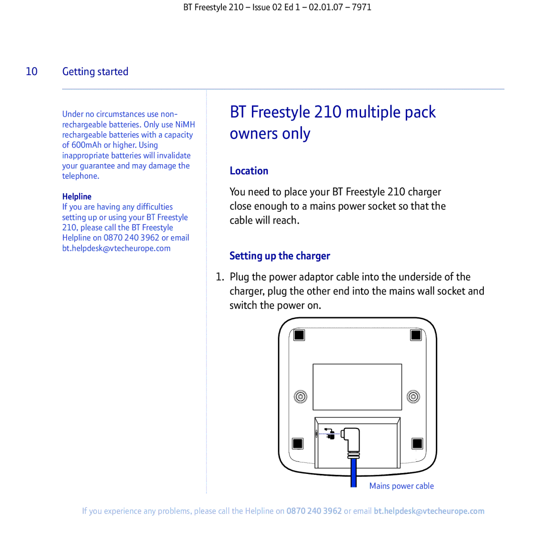 BT 210 manual Setting up the charger, Helpline 