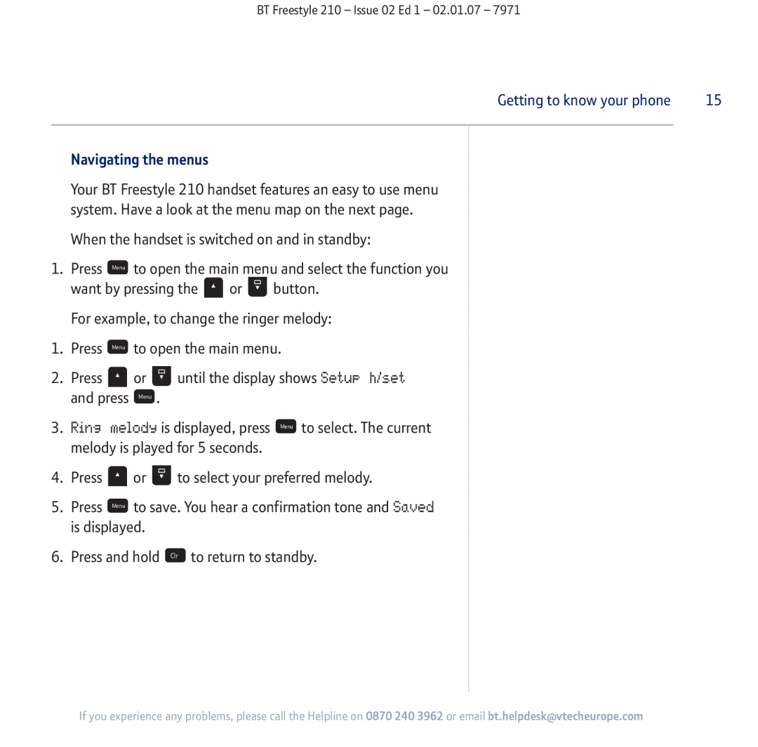 BT 210 manual Navigating the menus 