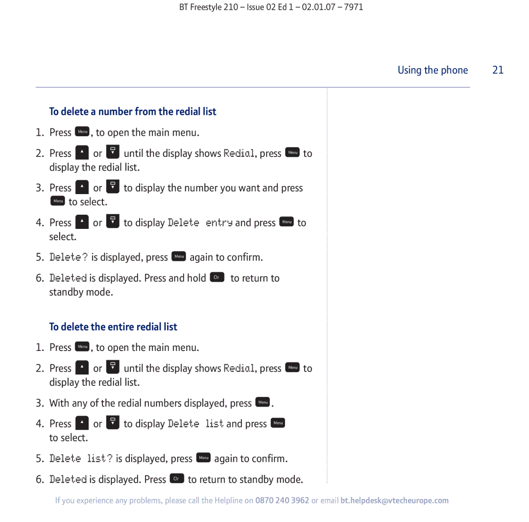 BT 210 manual To delete a number from the redial list, To delete the entire redial list 