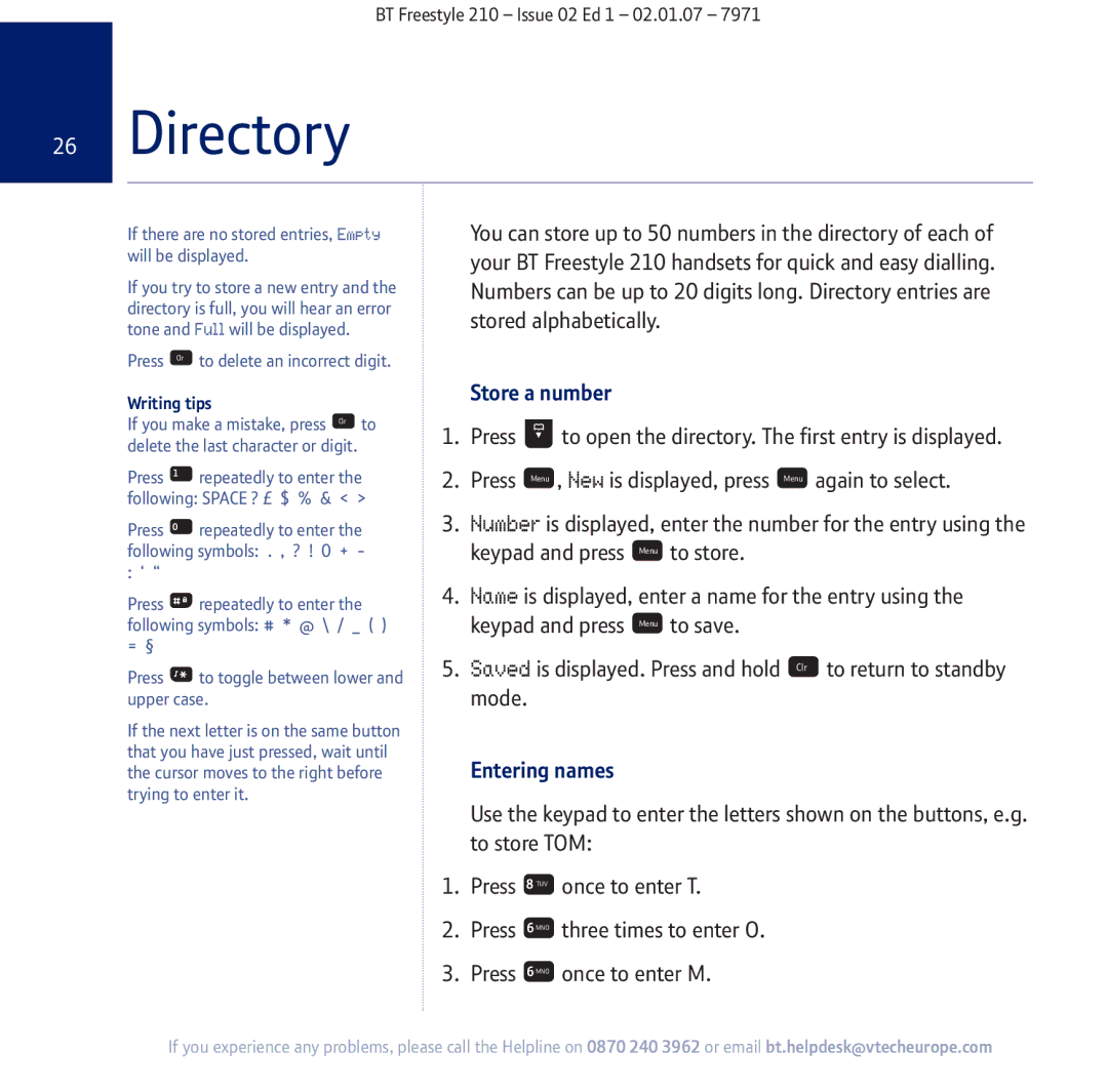 BT 210 manual Directory, Store a number, Entering names, Writing tips 