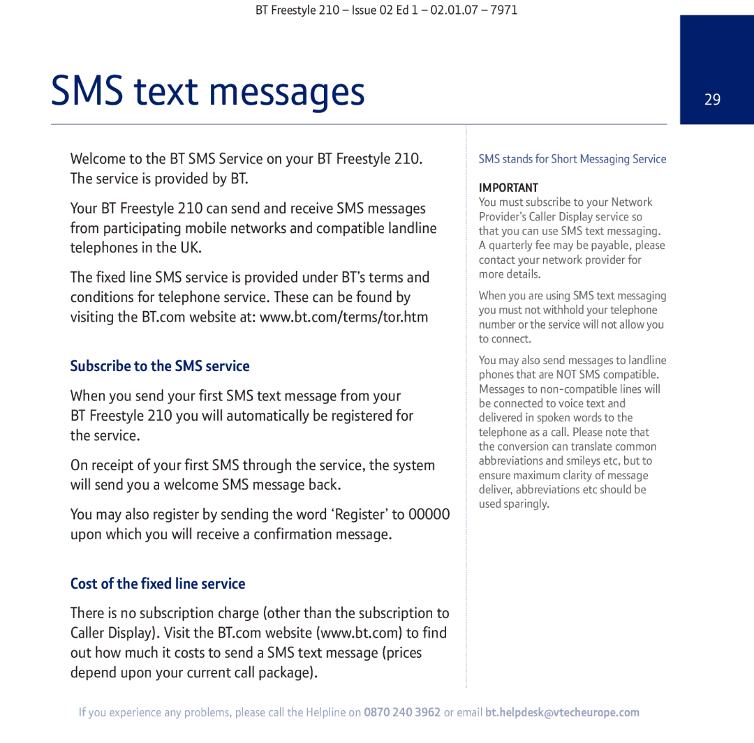 BT 210 manual SMS text messages, Subscribe to the SMS service, Cost of the fixed line service 