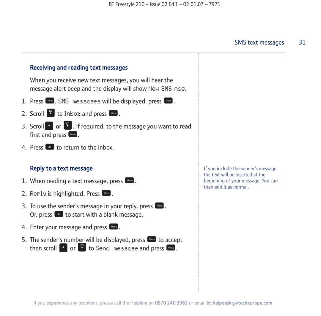 BT 210 manual Receiving and reading text messages, Reply to a text message, When reading a text message, press Menu 