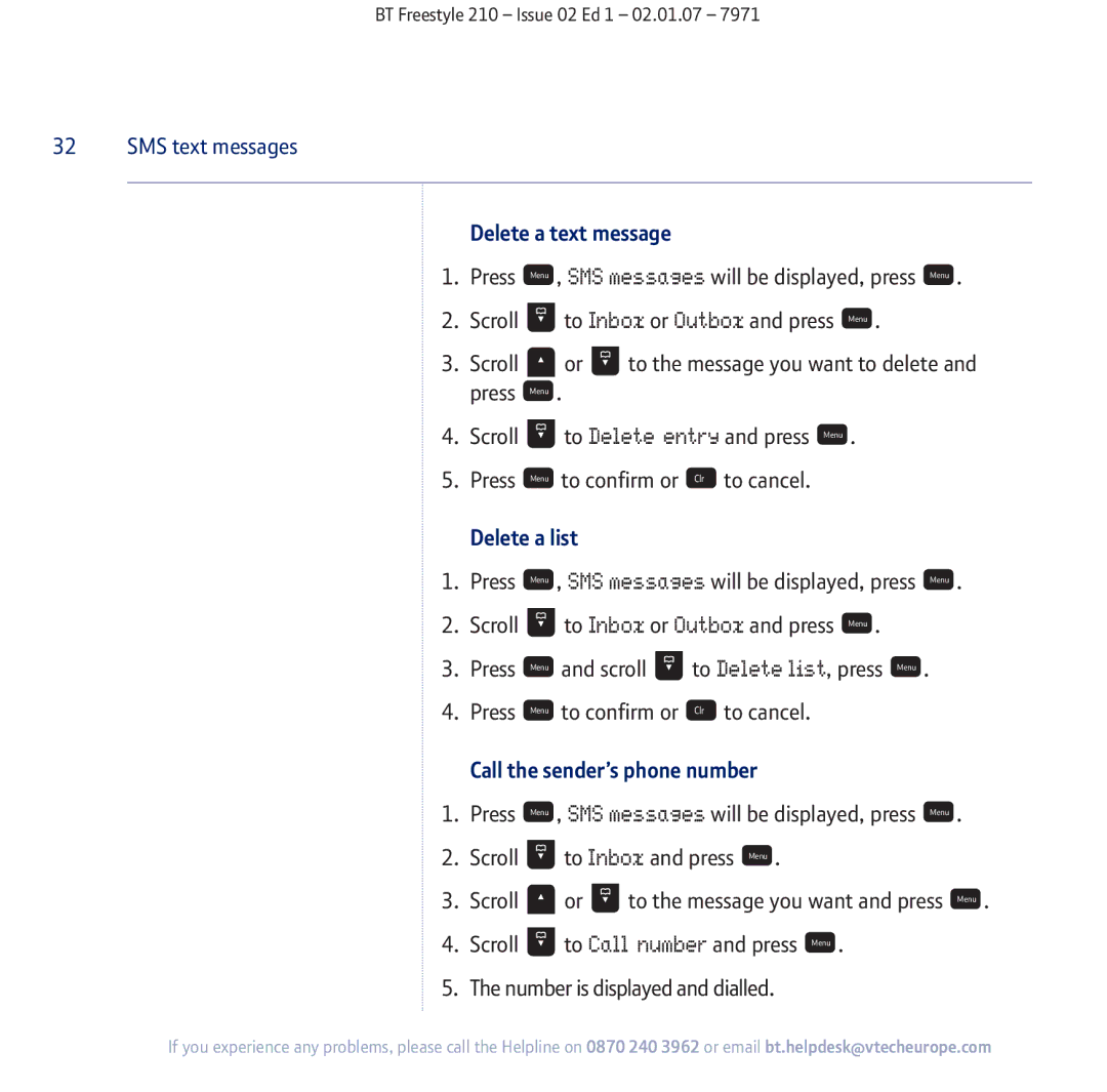 BT 210 manual Delete a text message, Delete a list, Call the sender’s phone number 
