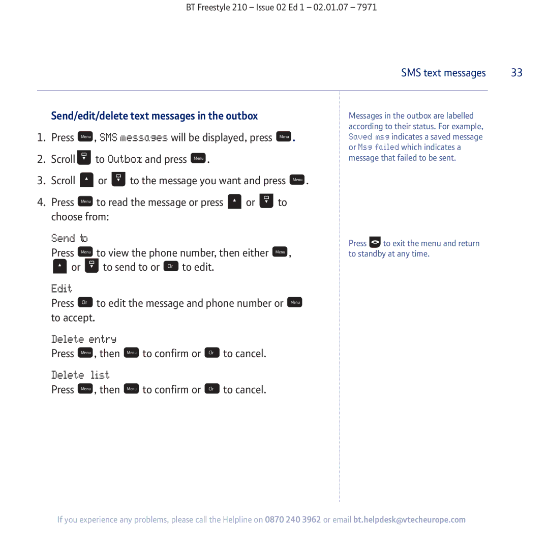 BT 210 manual Send/edit/delete text messages in the outbox 