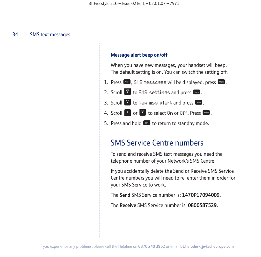 BT 210 manual SMS Service Centre numbers, Message alert beep on/off 