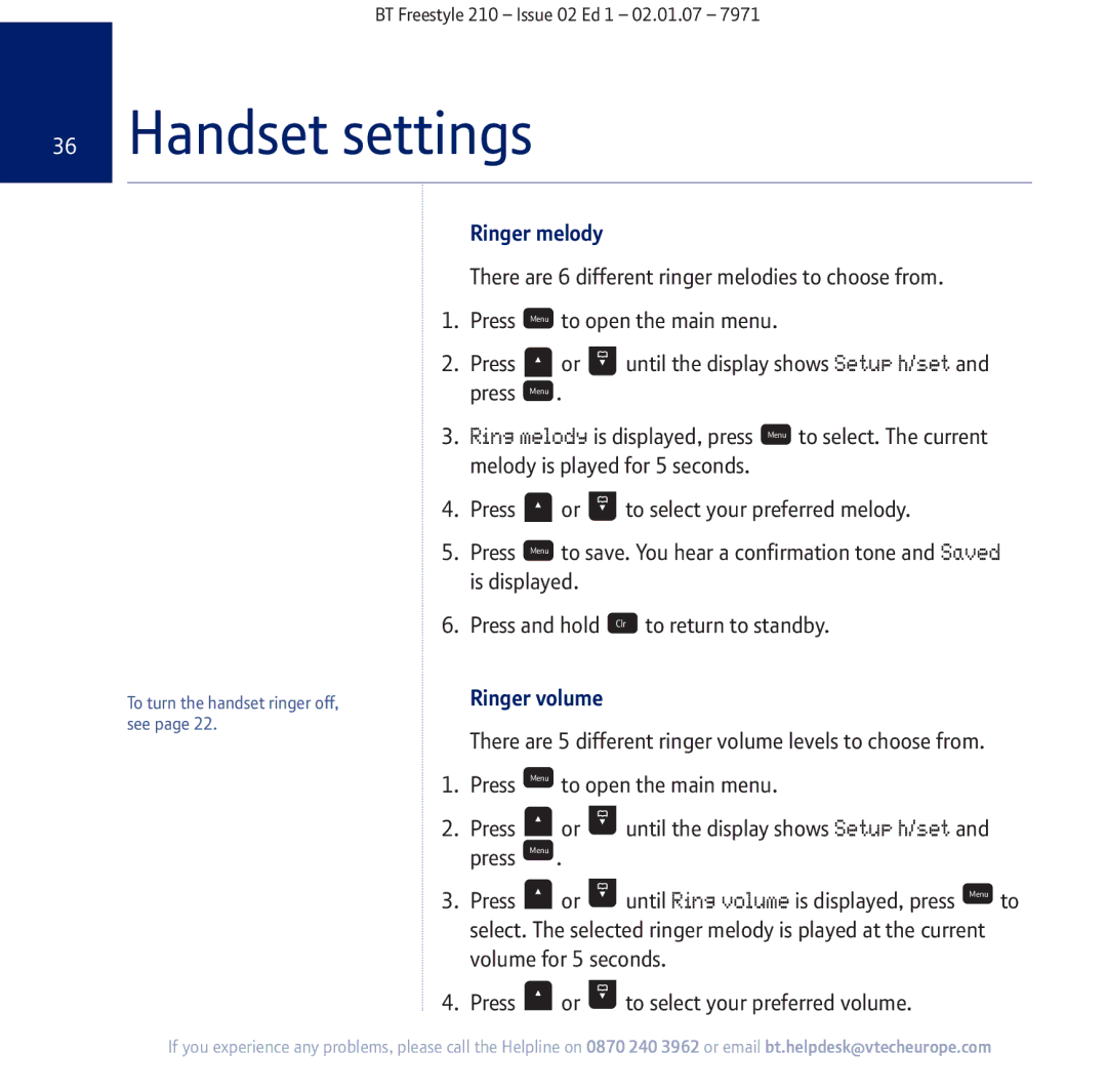 BT 210 manual Handset settings, Ringer melody, Ringer volume 