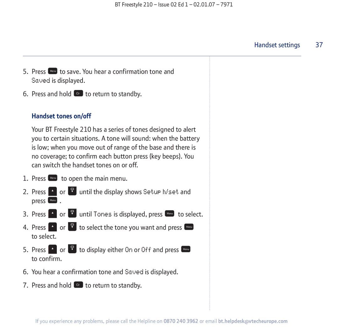 BT 210 manual Handset settings, Handset tones on/off 