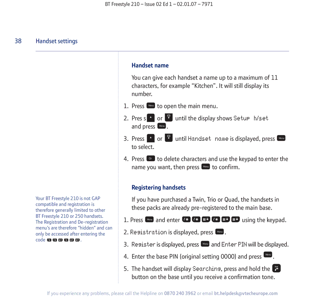 BT 210 manual Handset name, Registering handsets 