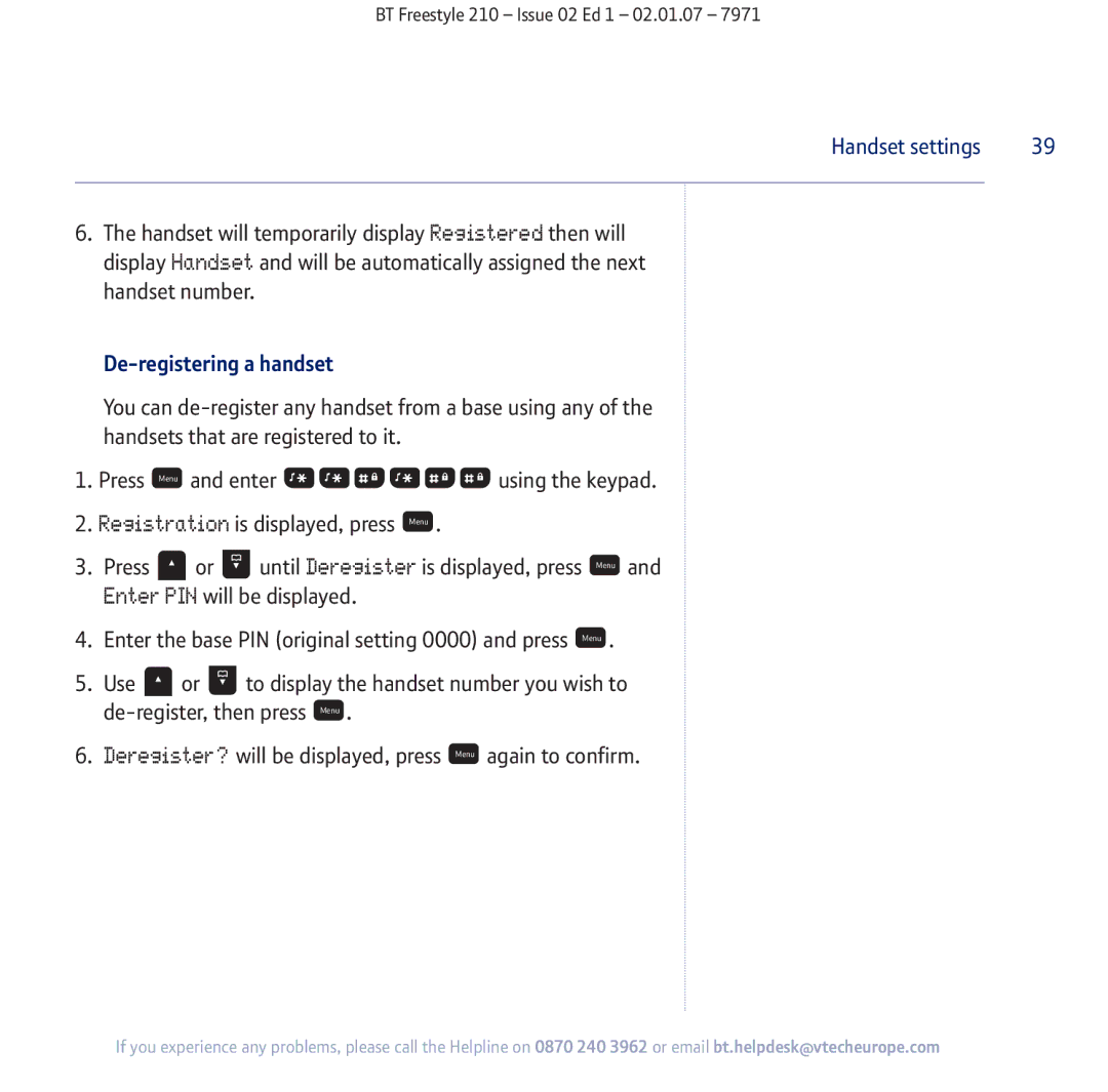 BT 210 manual De-registering a handset 