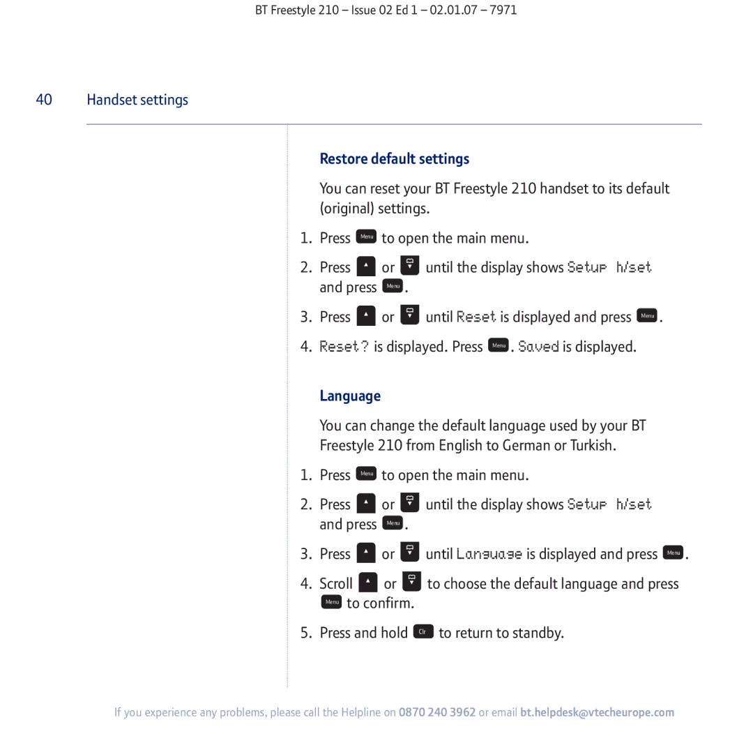 BT 210 manual Restore default settings, Language 