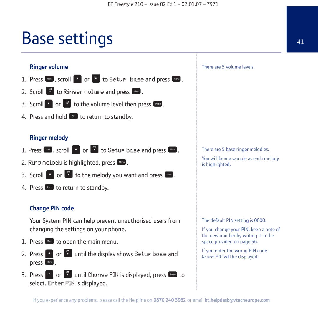 BT 210 manual Base settings, Change PIN code 