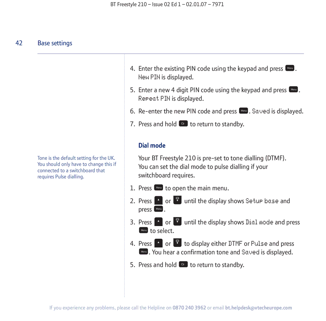 BT 210 manual Base settings, Dial mode 