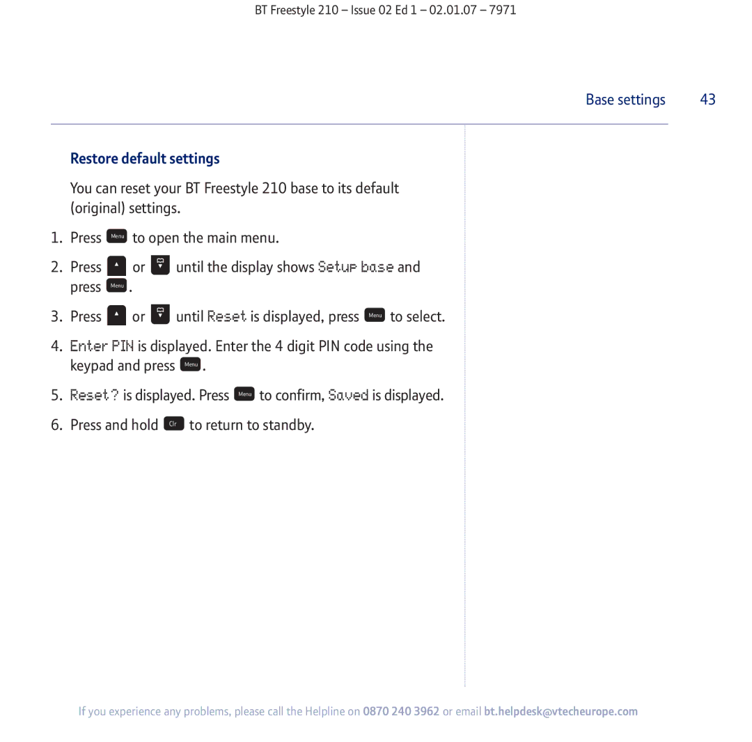 BT 210 manual Restore default settings 