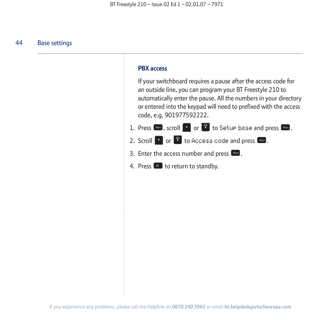 BT 210 manual PBX access 