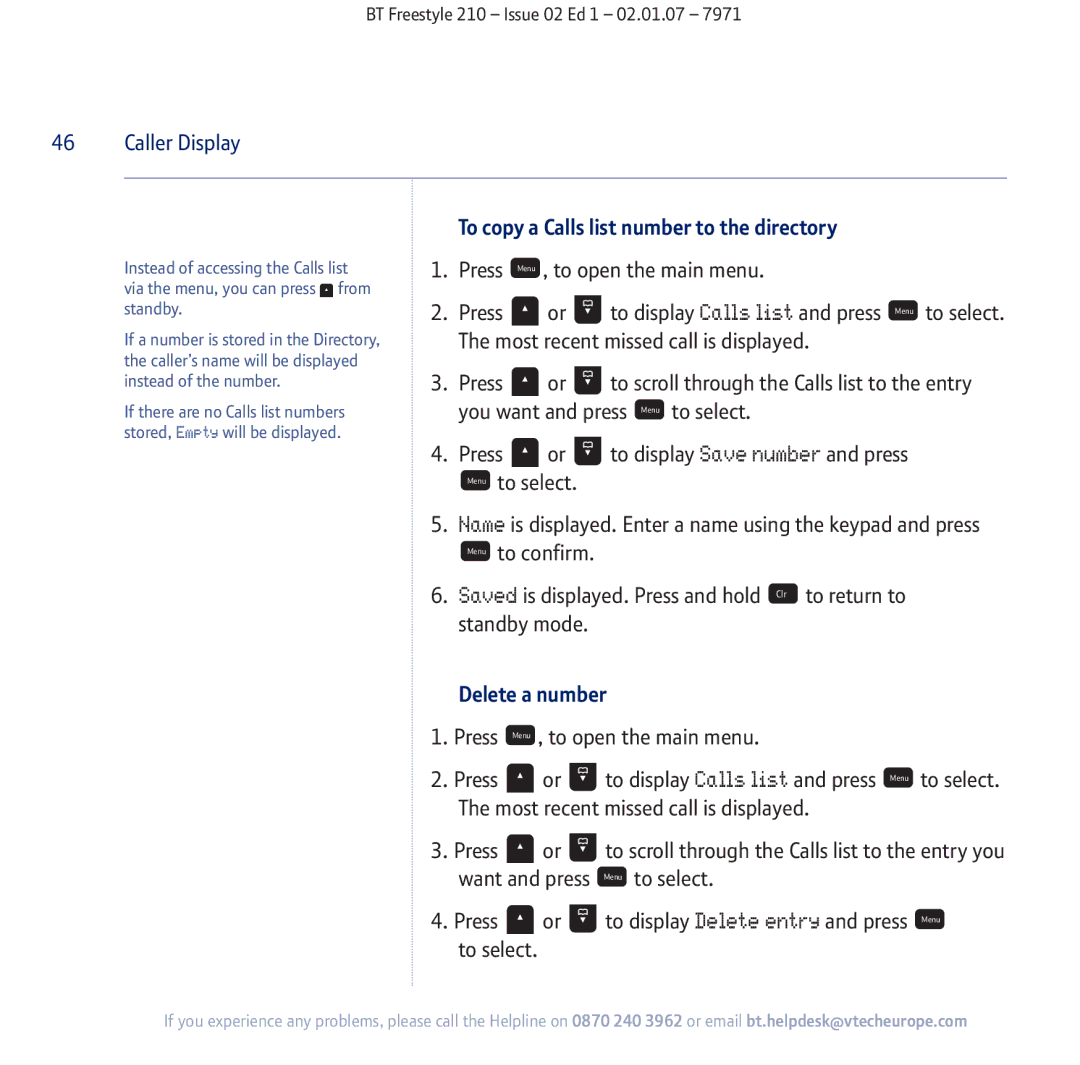 BT 210 manual To copy a Calls list number to the directory, Delete a number 