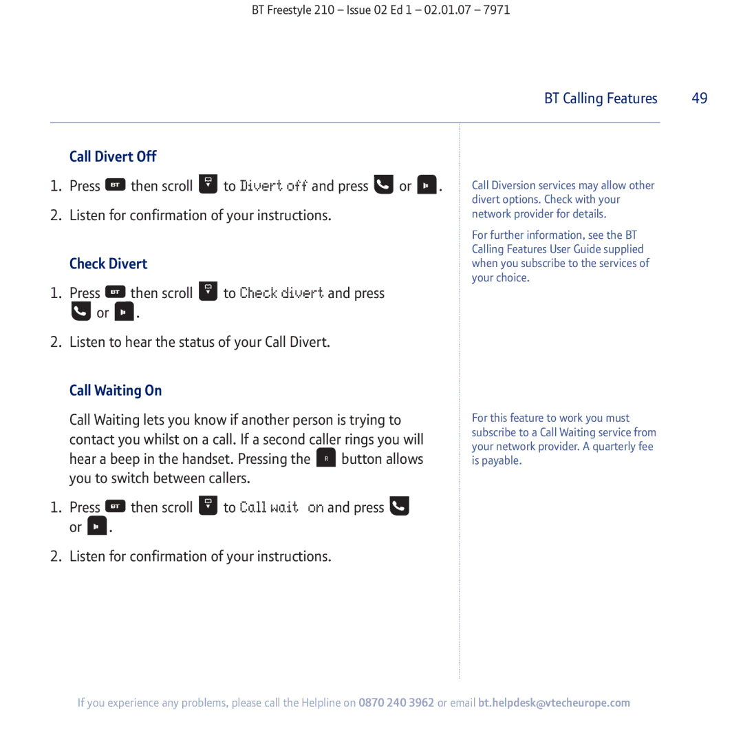 BT 210 manual Call Divert Off, Check Divert, Call Waiting On 