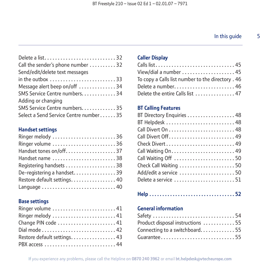 BT 210 manual Caller Display, BT Calling Features, Handset settings, Base settings, General information 