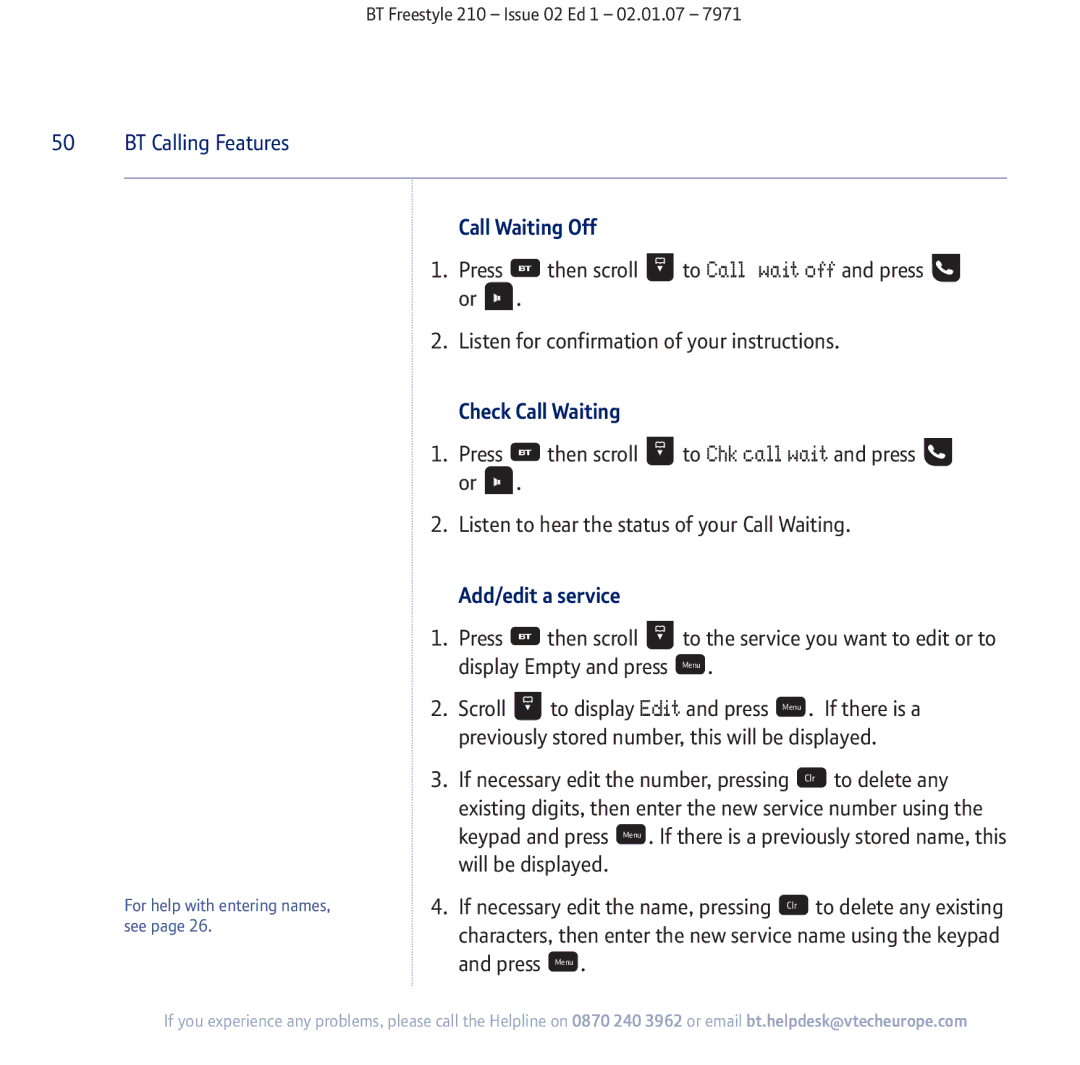 BT 210 manual Call Waiting Off, Check Call Waiting, Add/edit a service 
