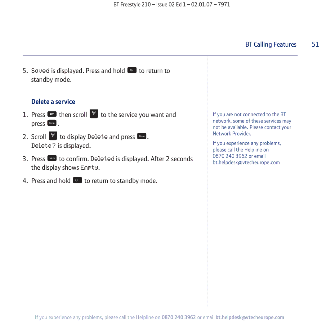 BT 210 manual Delete a service 