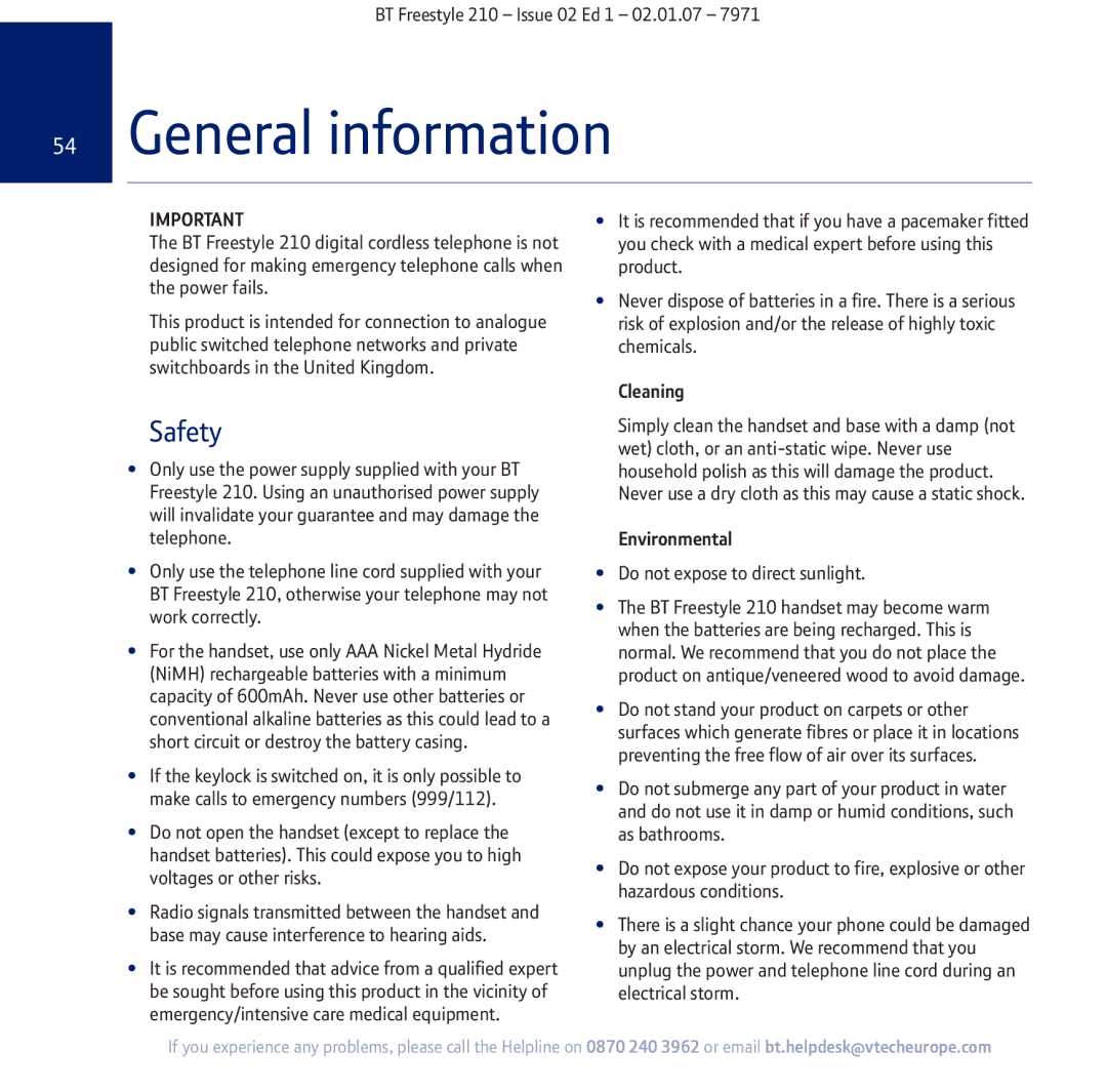 BT 210 manual General information, Safety 