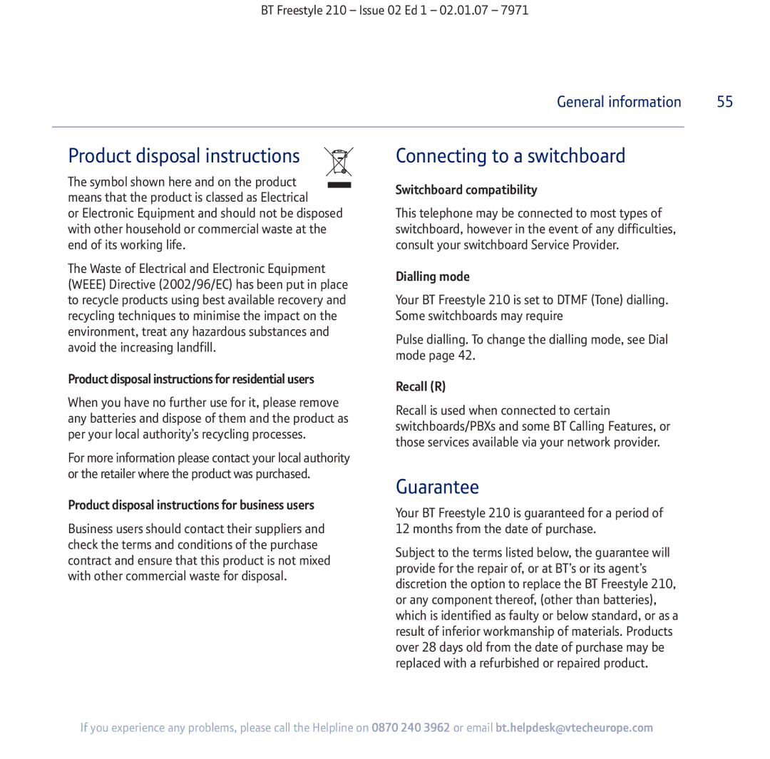 BT 210 manual Product disposal instructions 