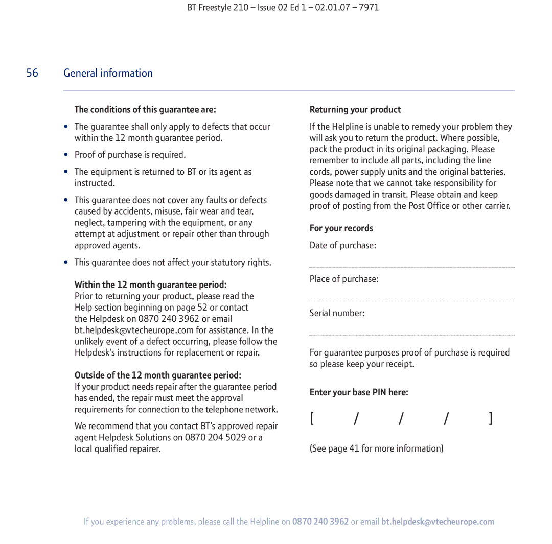 BT 210 manual Conditions of this guarantee are 