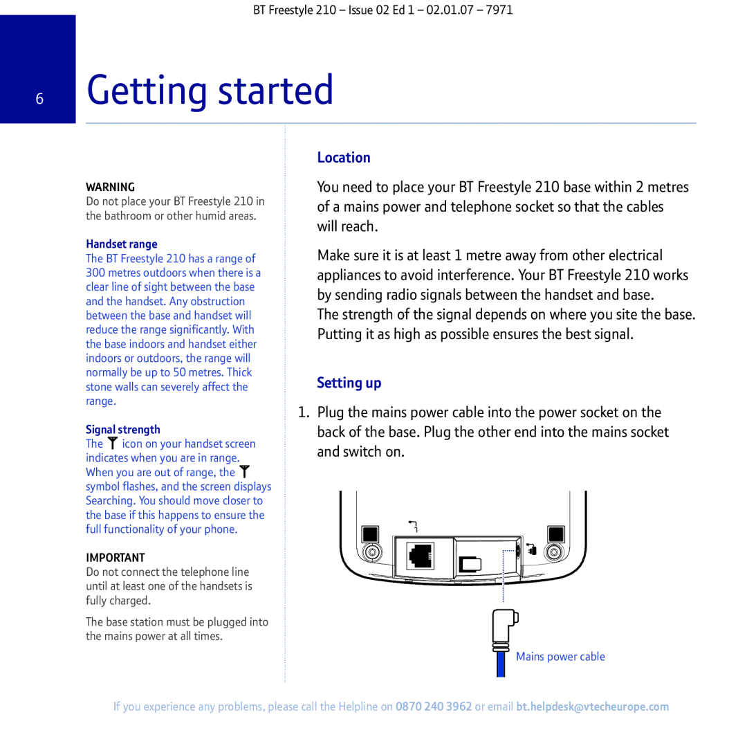 BT 210 manual Getting started, Location, Setting up, Handset range, Signal strength 