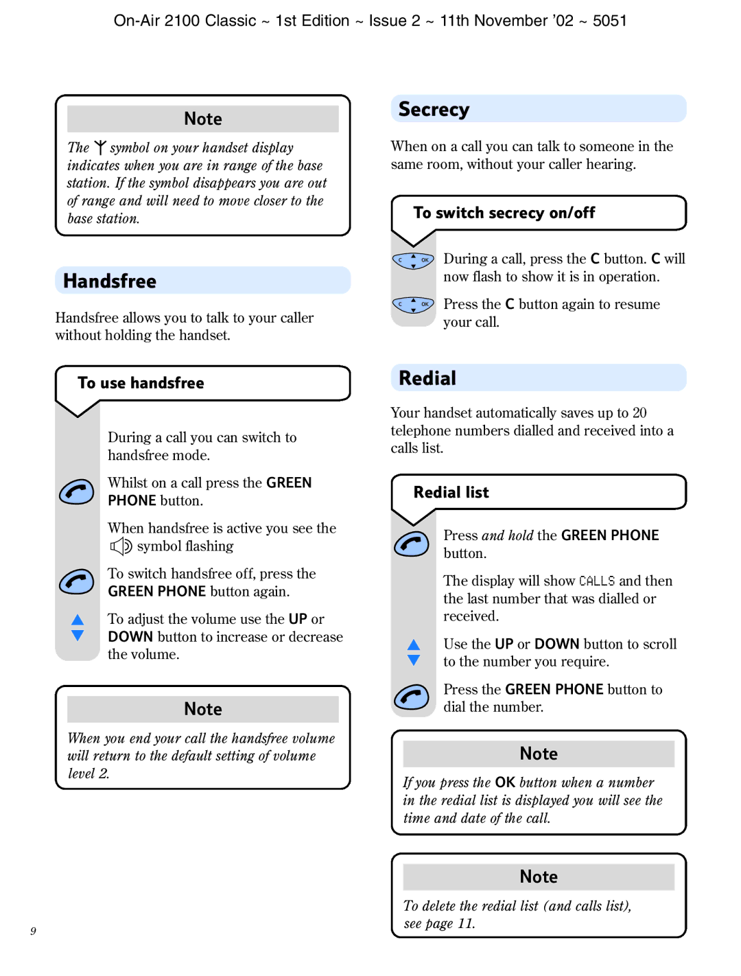 BT 2100 Classic manual Handsfree, Secrecy, Redial 