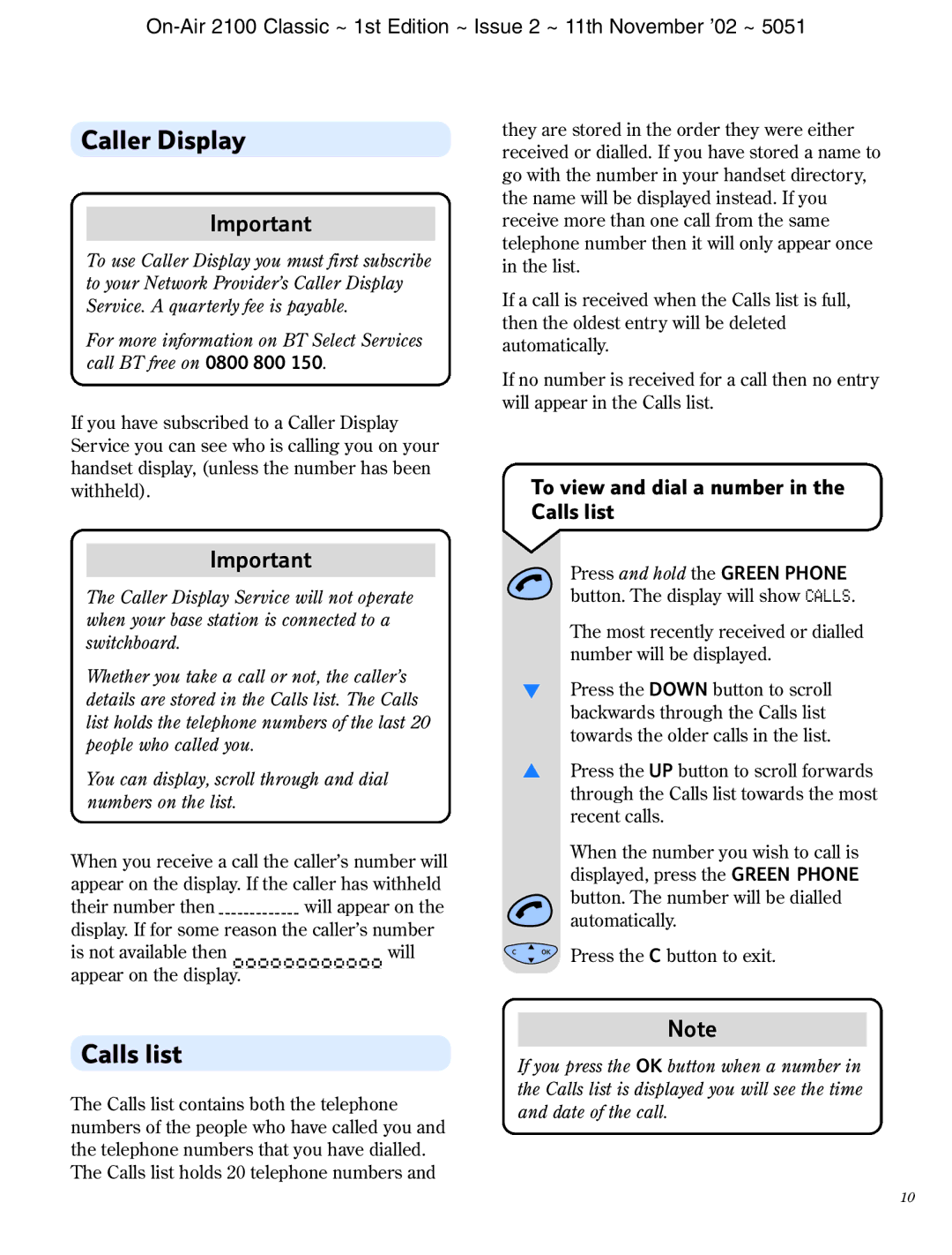 BT 2100 Classic manual Caller Display, To view and dial a number in the Calls list 