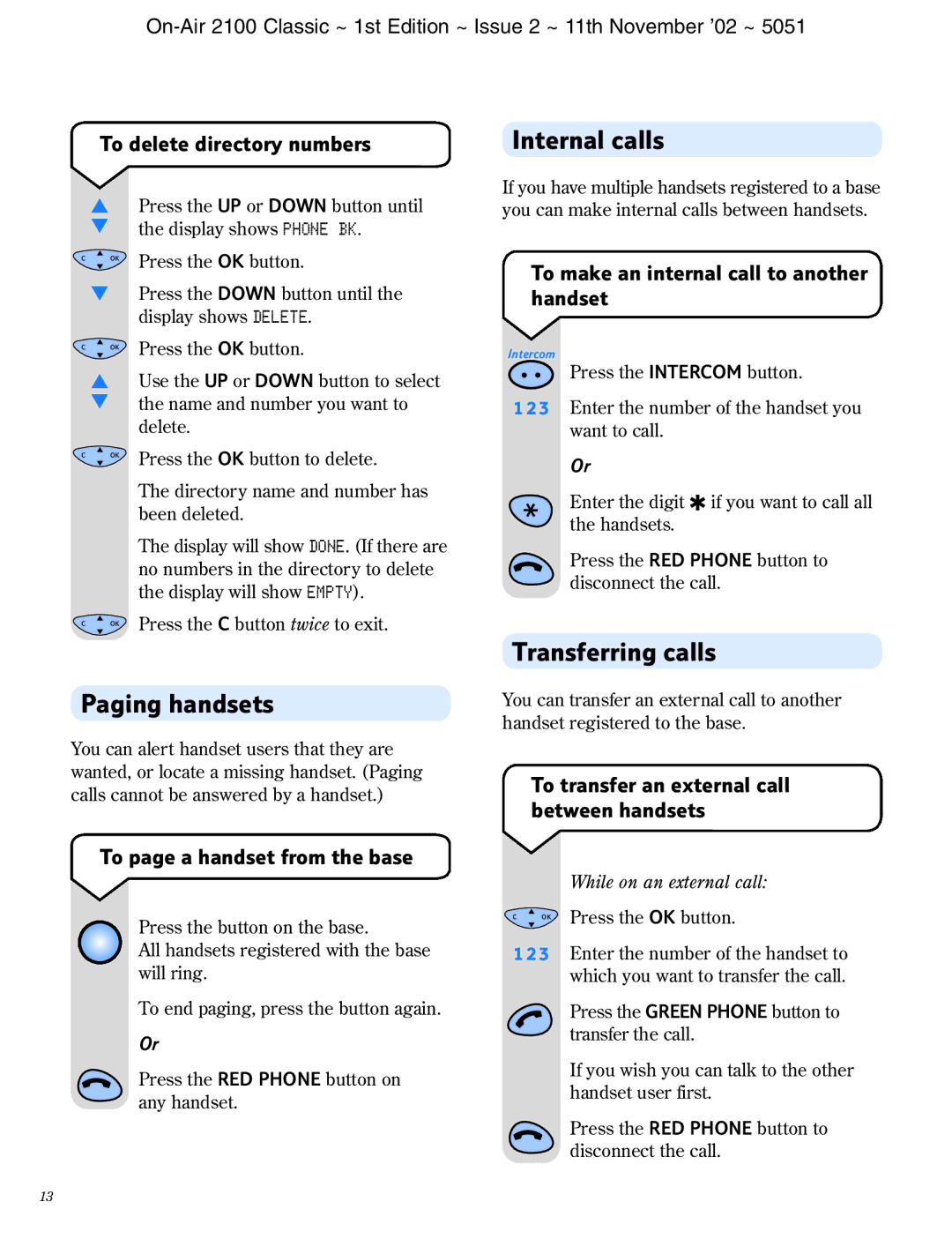 BT 2100 Classic manual Internal calls, Transferring calls Paging handsets 