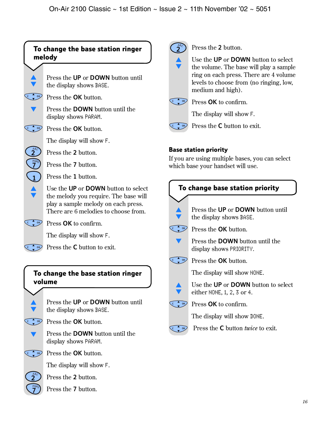 BT 2100 Classic manual To change the base station ringer melody, To change base station priority, Base station priority 