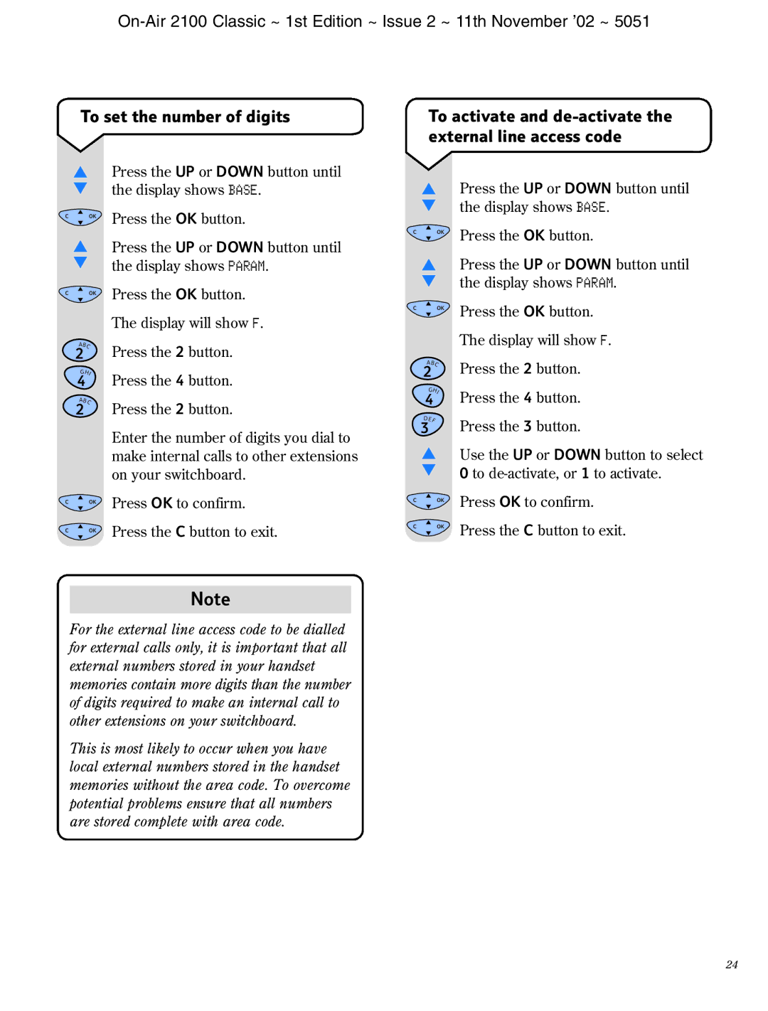 BT 2100 Classic manual To set the number of digits, To activate and de-activate the external line access code 